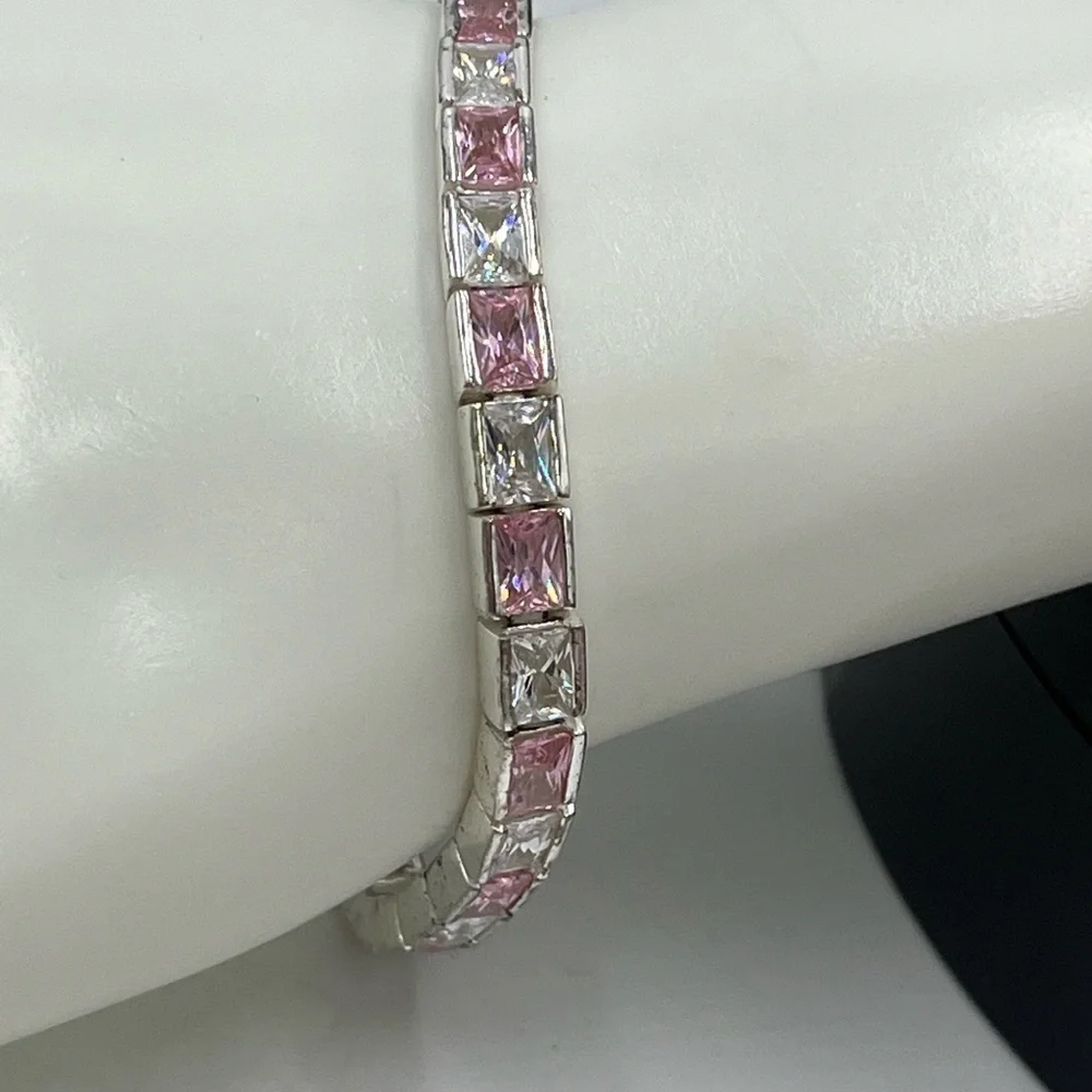 Sterling Silver 925 Clear and Pink Topaz CZ Tennis‎ Bracelet Safety Latch